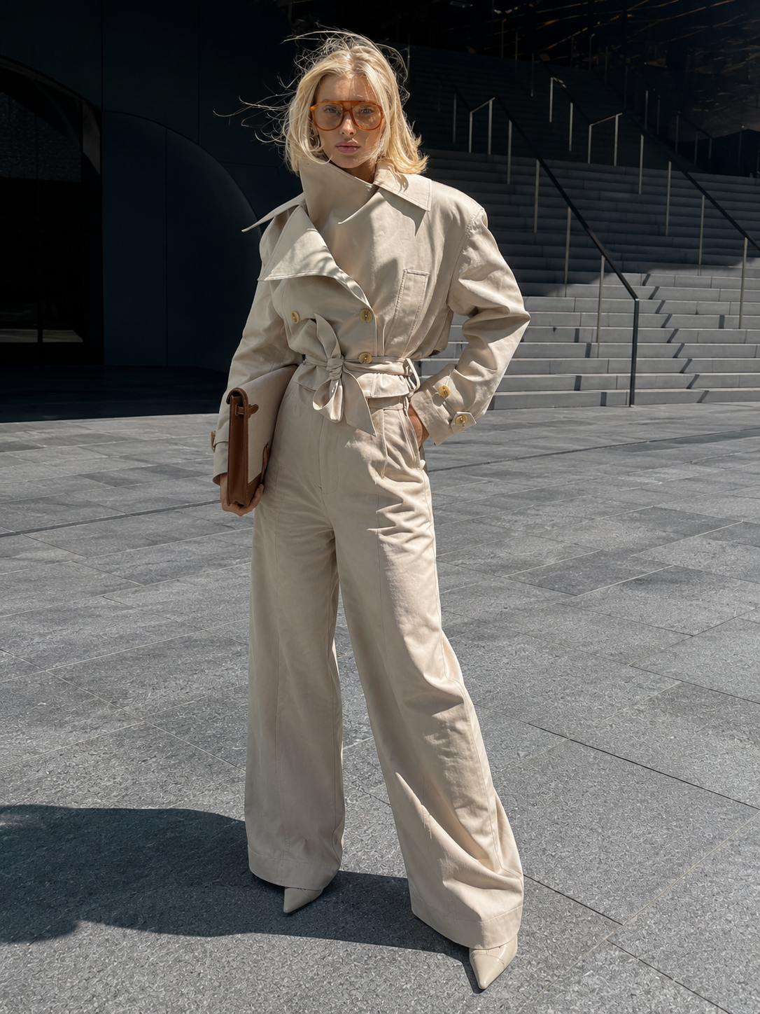 Women's Cropped Trench Jacket - Double Breasted Belted Coat