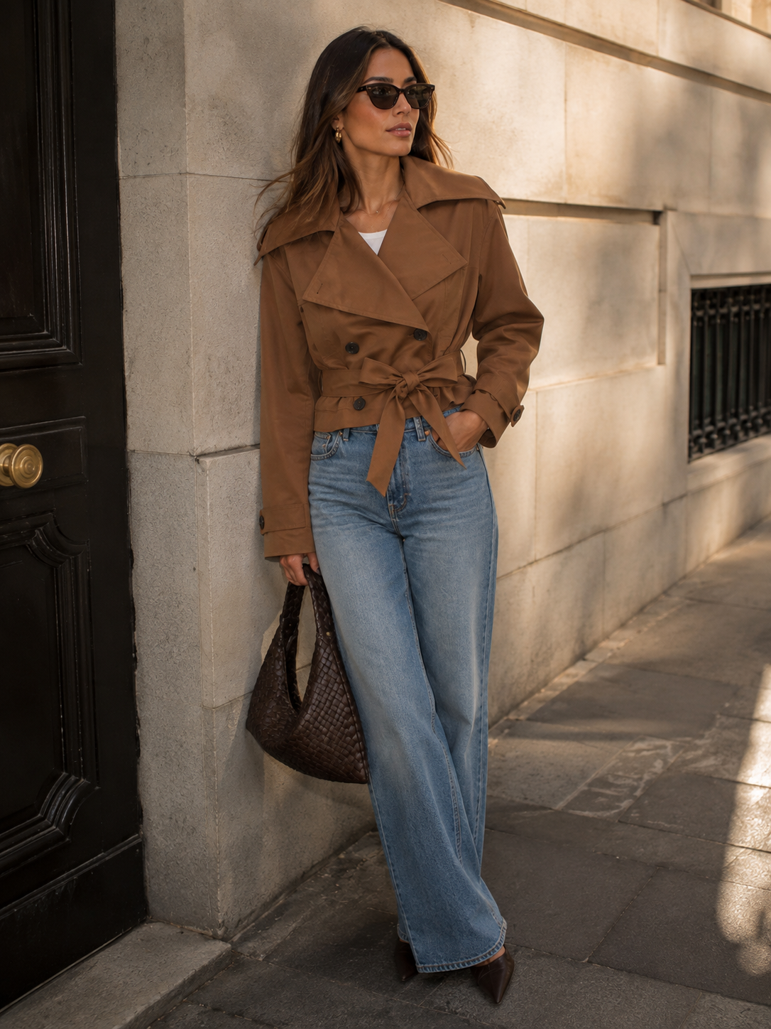 Women's Cropped Trench Jacket - Double Breasted Belted Coat