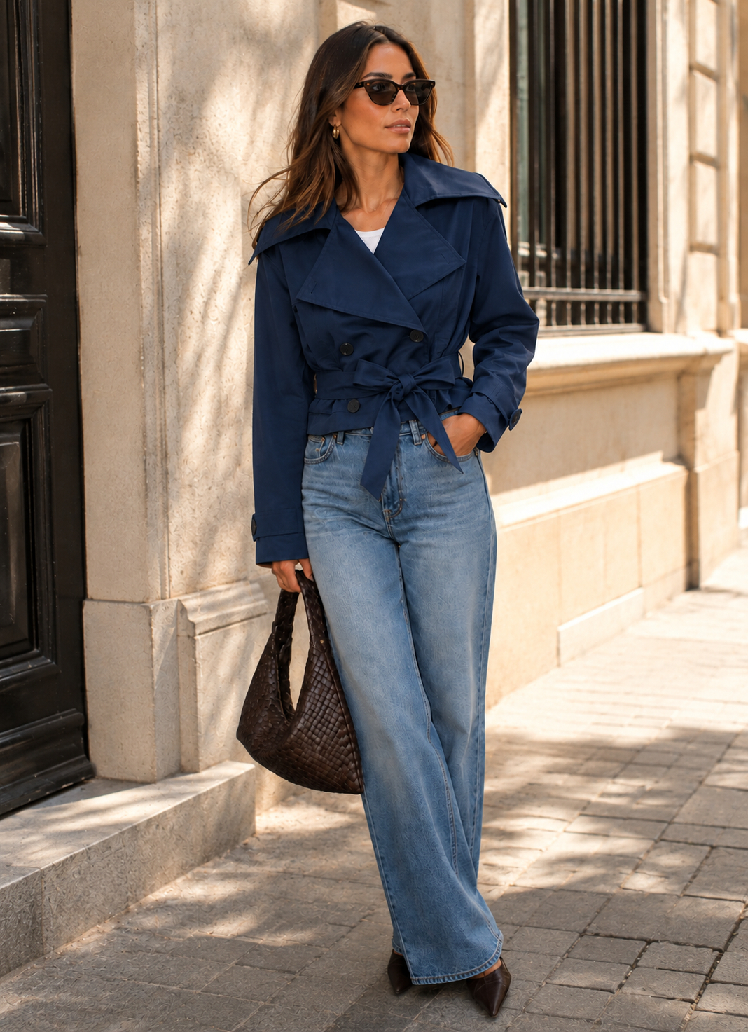 Women's Cropped Trench Jacket - Double Breasted Belted Coat