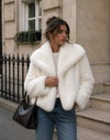 Women’s Plush Faux Fur Jacket with Fluffy Texture for Winter & Evening Wear