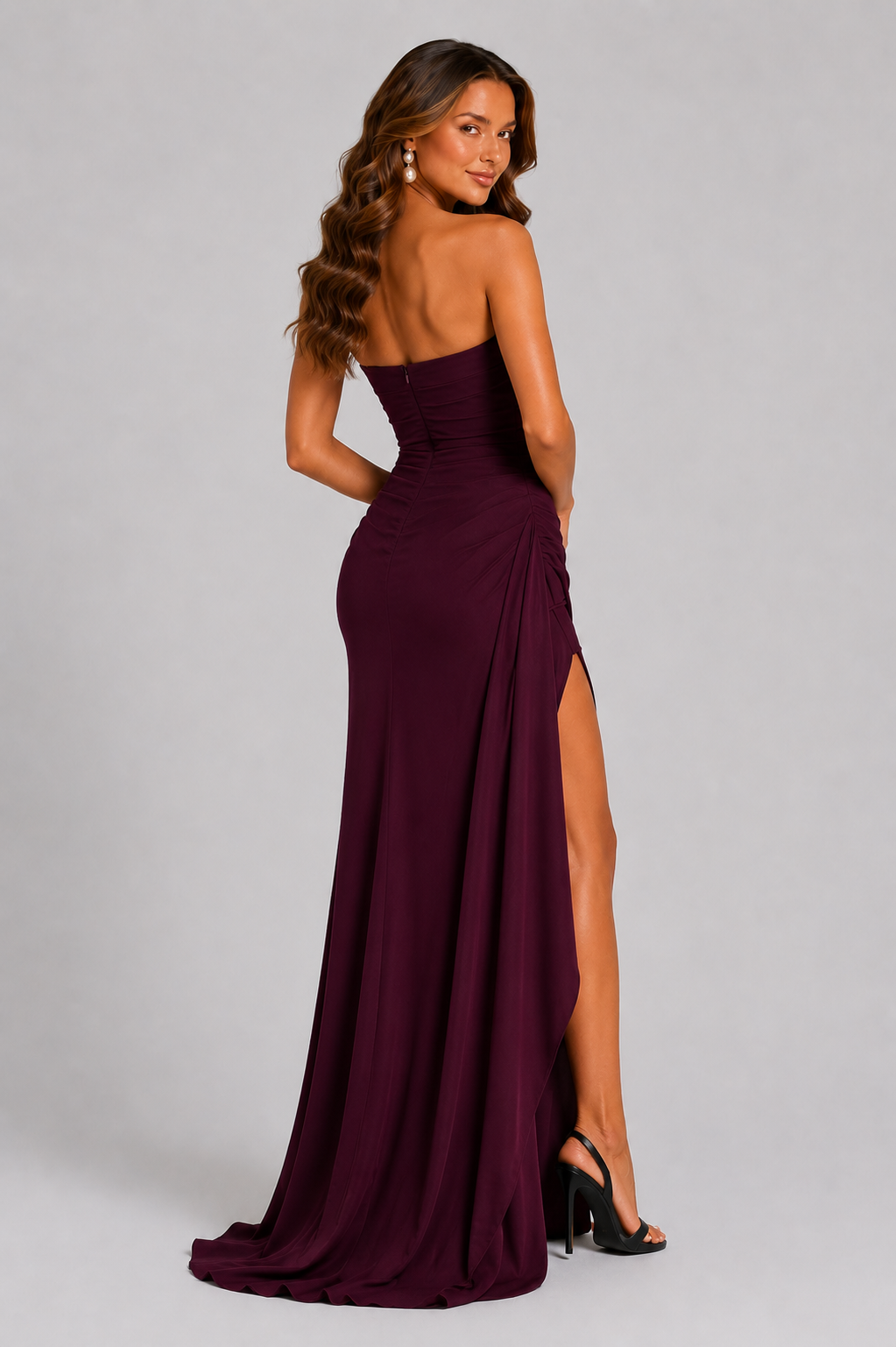 Women’s Strapless Ruched Maxi Dress with Thigh Split for Formal & Evening Wear