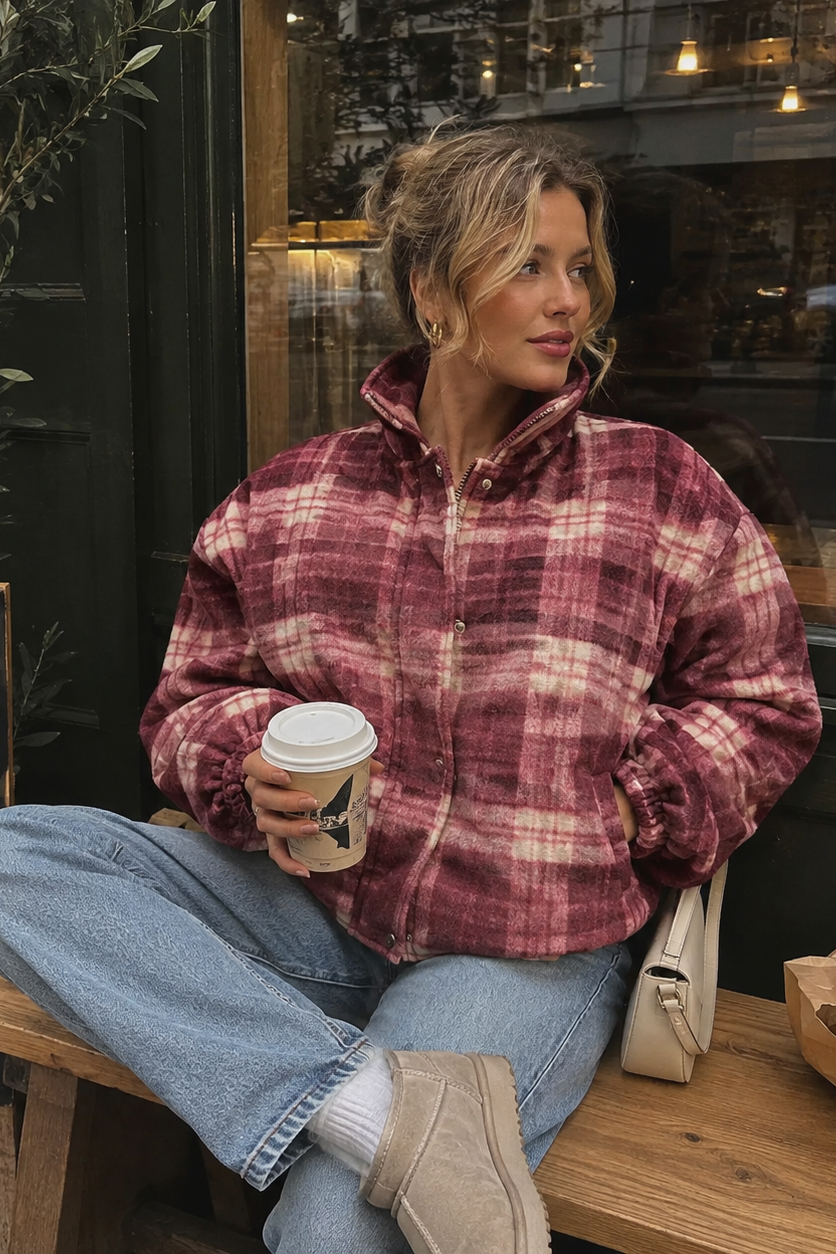 Women’s Panelled Plaid Zip-Up Jacket with Stand Collar for Casual & Everyday Wear
