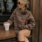 Women’s Oversized Plaid Cropped Jacket with Stand Collar & Pockets for Casual Wear