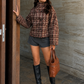 Women’s Oversized Plaid Cropped Jacket with Stand Collar & Pockets for Casual Wear