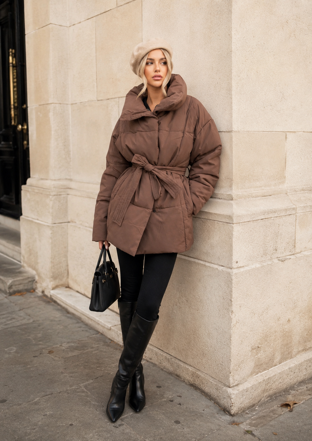 Women’s Belted Puffer Jacket with Front Zipper for Winter & Casual Wear