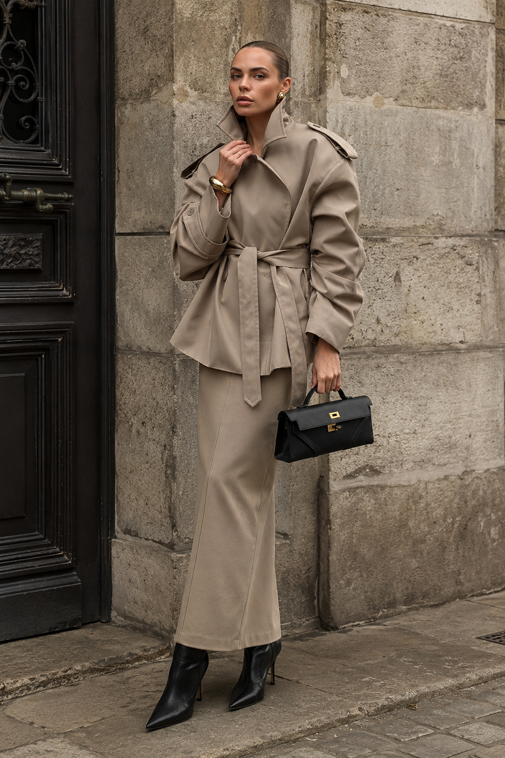 Women’s Long Lapel Coat with Lace-Up Detail for Office & Smart Casual Wear