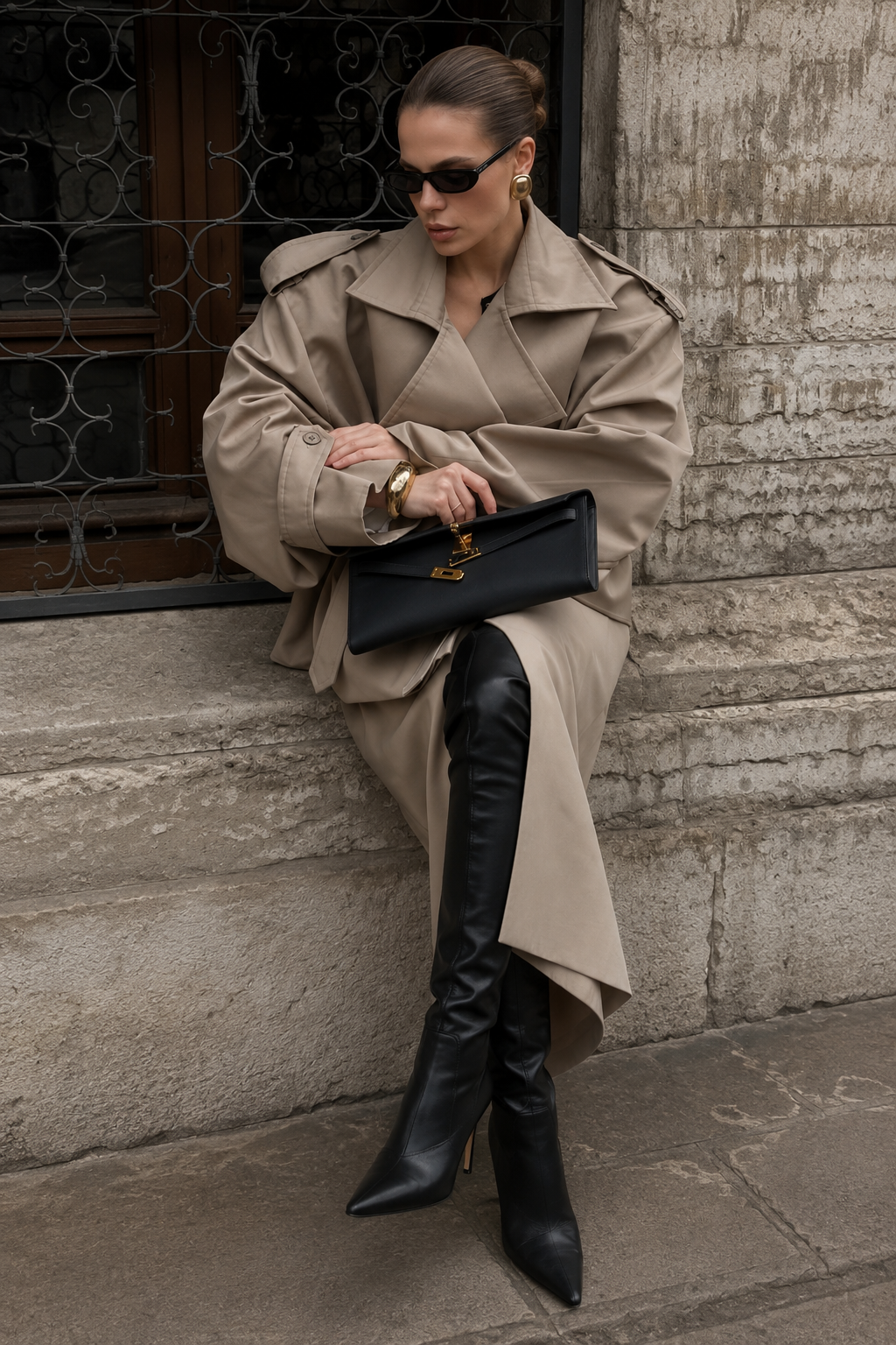 Women’s Long Lapel Coat with Lace-Up Detail for Office & Smart Casual Wear