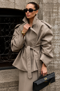 Women’s Long Lapel Coat with Lace-Up Detail for Office & Smart Casual Wear