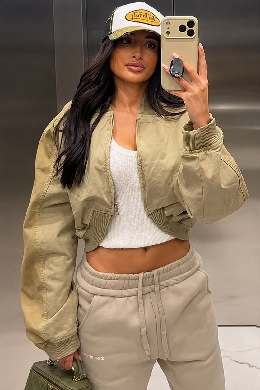 Women’s Cropped Varsity Bomber Jacket with Zipper Closure for Casual & Streetwear
