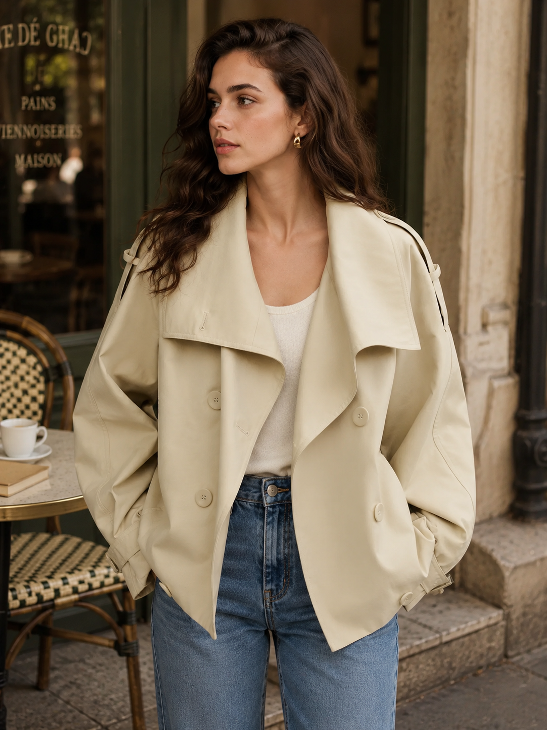 Women’s Double-Breasted Cropped Trench Coat with Heritage Detail for Autumn & Smart Casual Wear