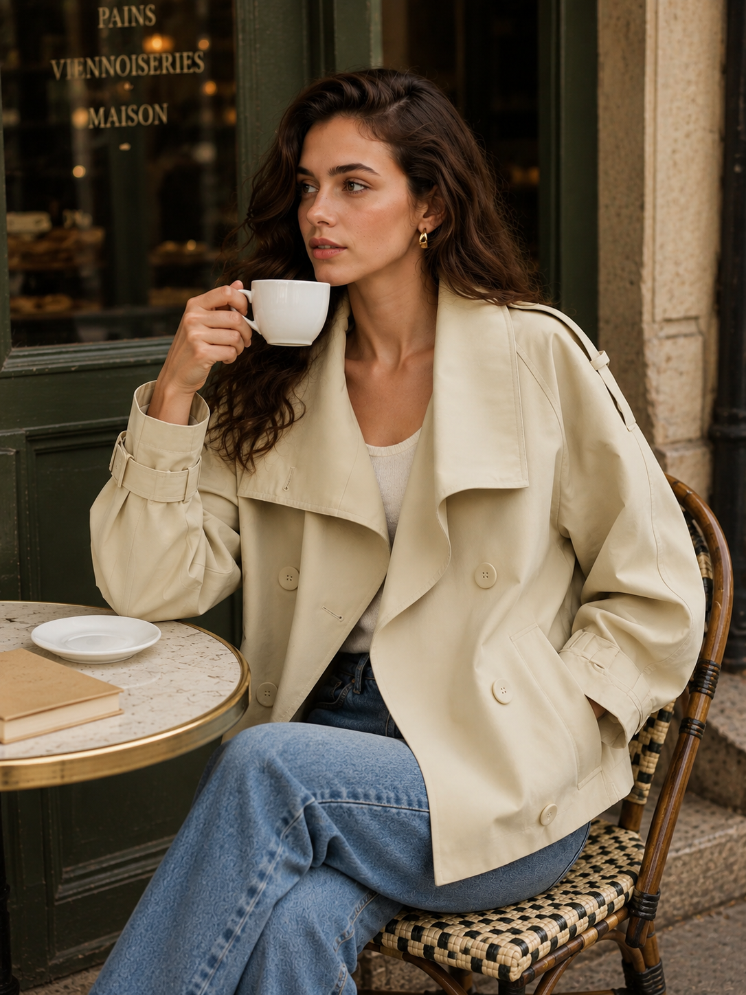 Women’s Double-Breasted Cropped Trench Coat with Heritage Detail for Autumn & Smart Casual Wear