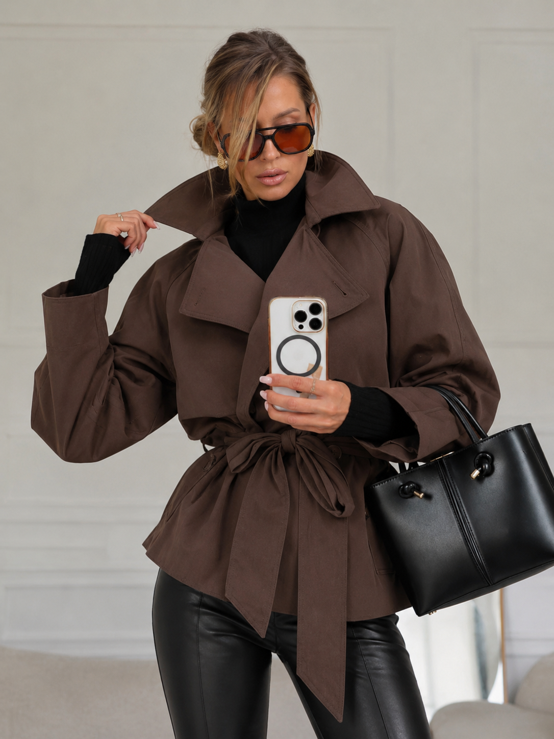 Women’s British-Style Double-Breasted Belted Trench Coat with Lapel Collar
