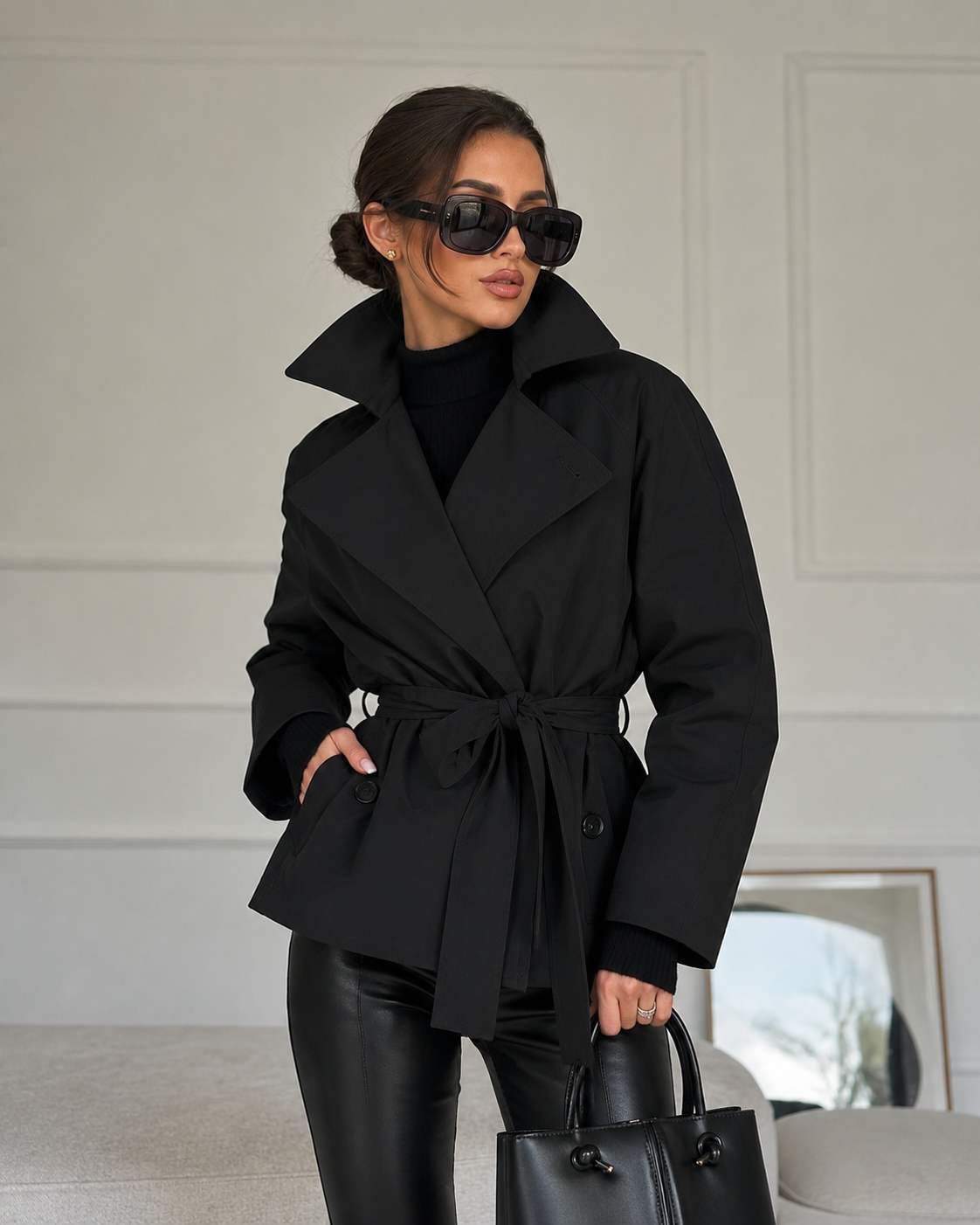 Women’s British-Style Double-Breasted Belted Trench Coat with Lapel Collar
