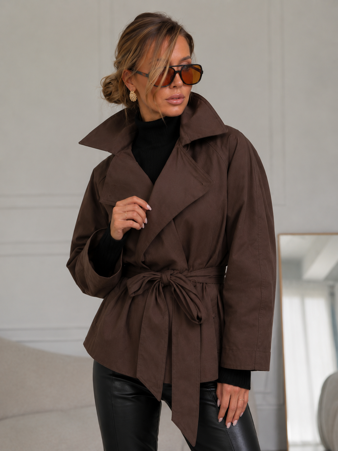 Women’s British-Style Double-Breasted Belted Trench Coat with Lapel Collar