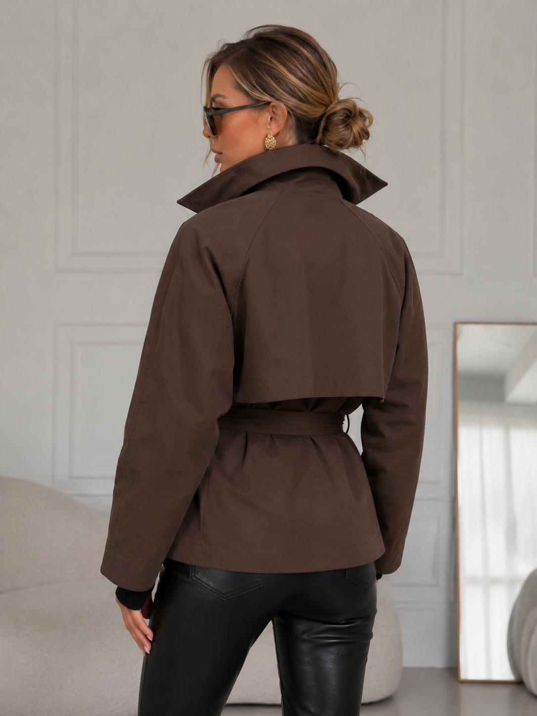Women’s British-Style Double-Breasted Belted Trench Coat with Lapel Collar