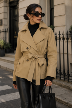 Women’s British-Style Double-Breasted Belted Trench Coat with Lapel Collar