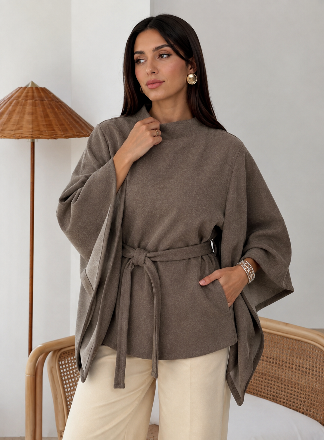 Women’s Stand Collar Batwing Sleeve Top with Relaxed Fit