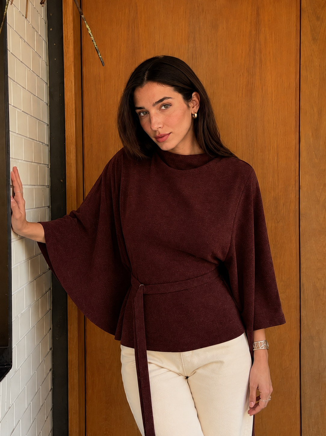 Women’s Stand Collar Batwing Sleeve Top with Relaxed Fit