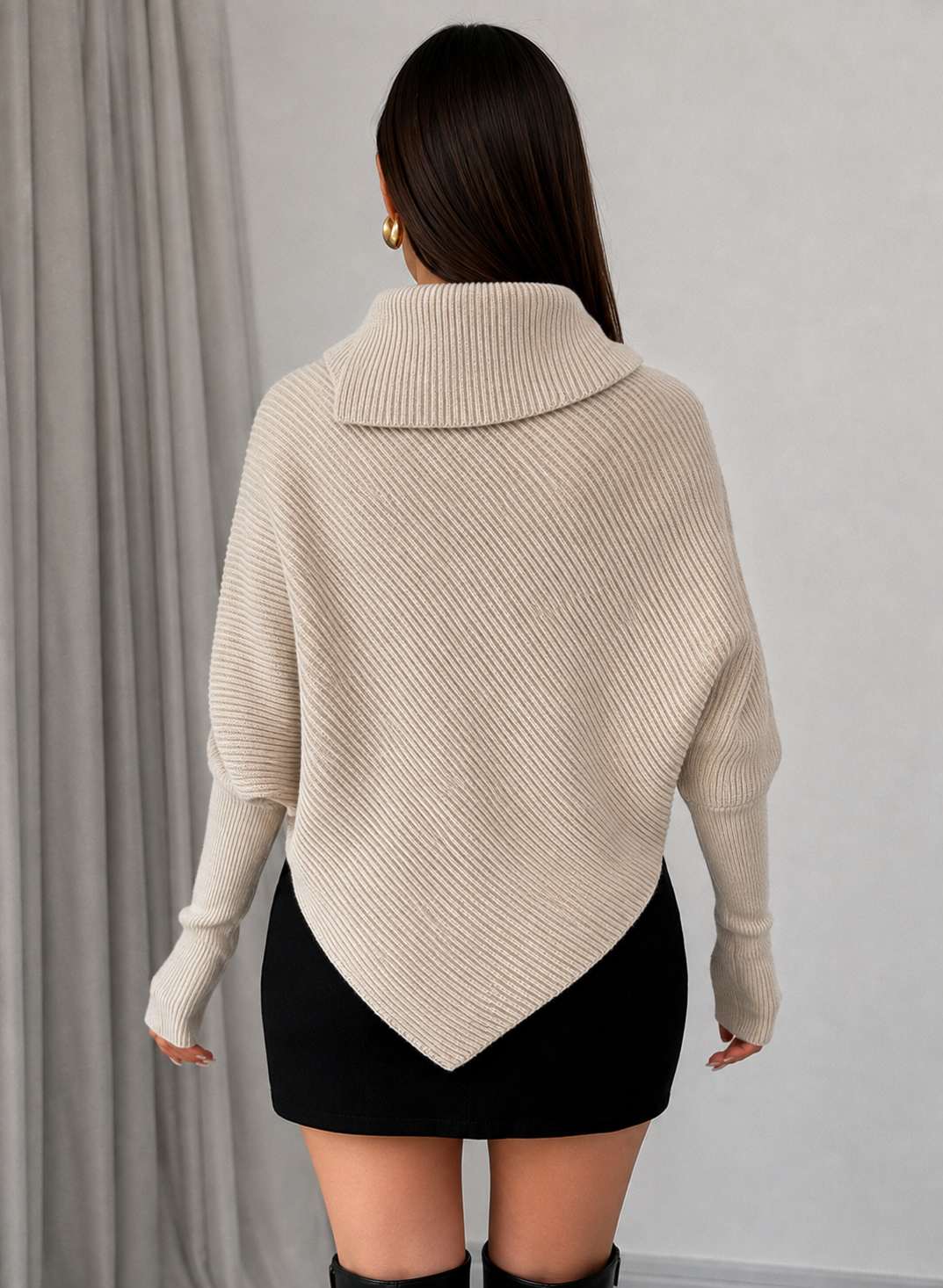 Women’s Asymmetrical Batwing High-Neck Knit Jumper