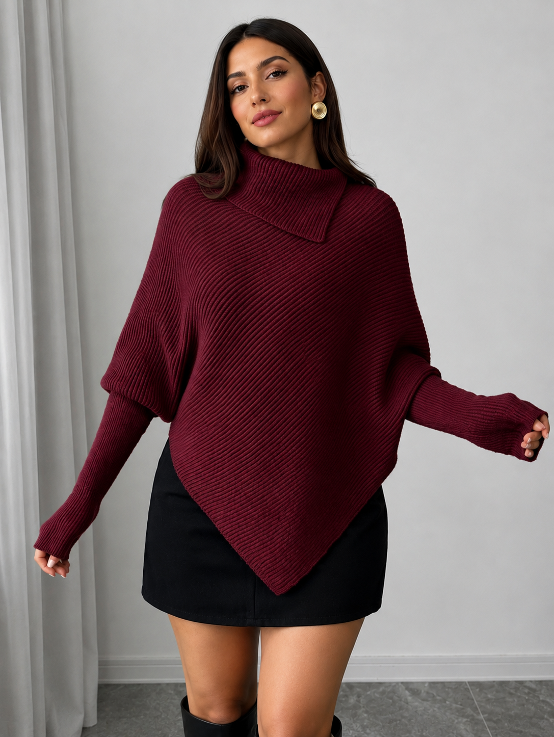 Women’s Asymmetrical Batwing High-Neck Knit Jumper