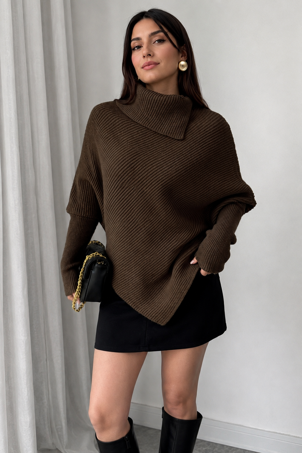 Women’s Asymmetrical Batwing High-Neck Knit Jumper