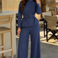 Women's Striped Belted Top & Trouser Co-Ord Set – Navy Blue