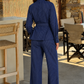 Women's Striped Belted Top & Trouser Co-Ord Set – Navy Blue