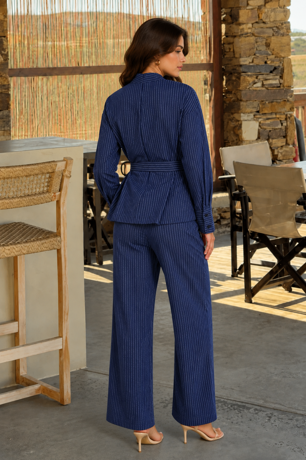 Women's Striped Belted Top & Trouser Co-Ord Set – Navy Blue