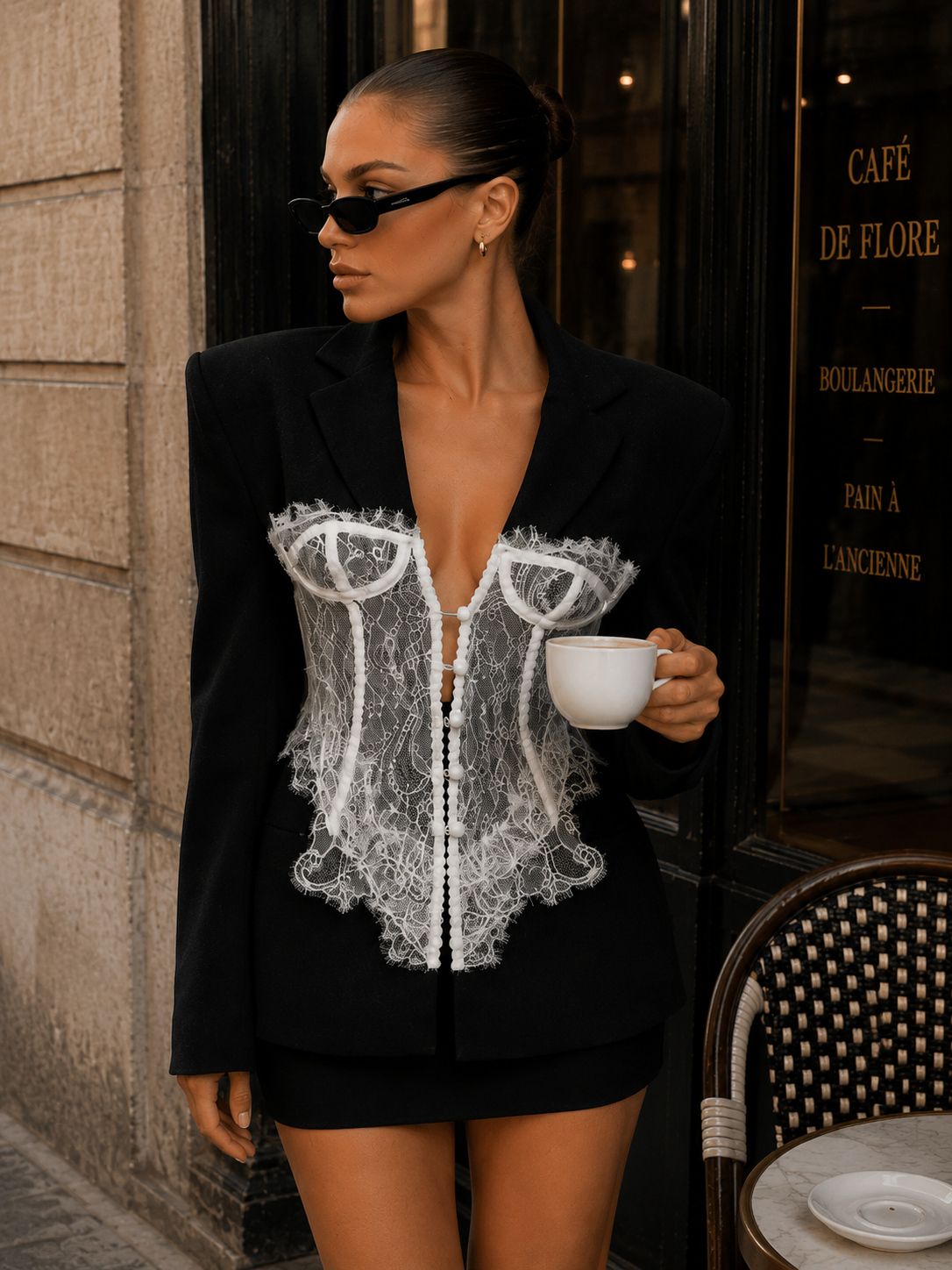 Women’s White Lace Patchwork Blazer with Notched Collar for Office & Evening Wear