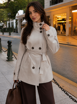 Women’s High-Collar Double-Breasted Trench Coat with Raglan Sleeves
