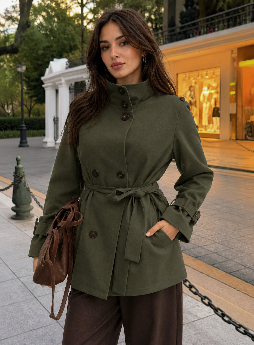 Women’s High-Collar Double-Breasted Trench Coat with Raglan Sleeves