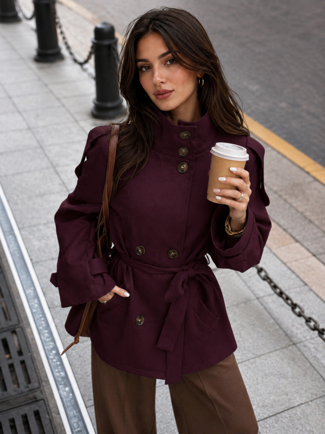 Women’s High-Collar Double-Breasted Trench Coat with Raglan Sleeves