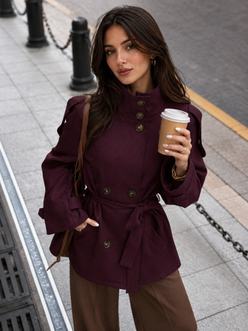 Women’s High-Collar Double-Breasted Trench Coat with Raglan Sleeves