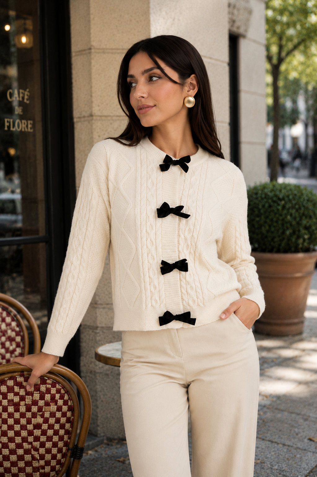 Women’s Cable Knit Bow Cardigan with Tie-Front Detail
