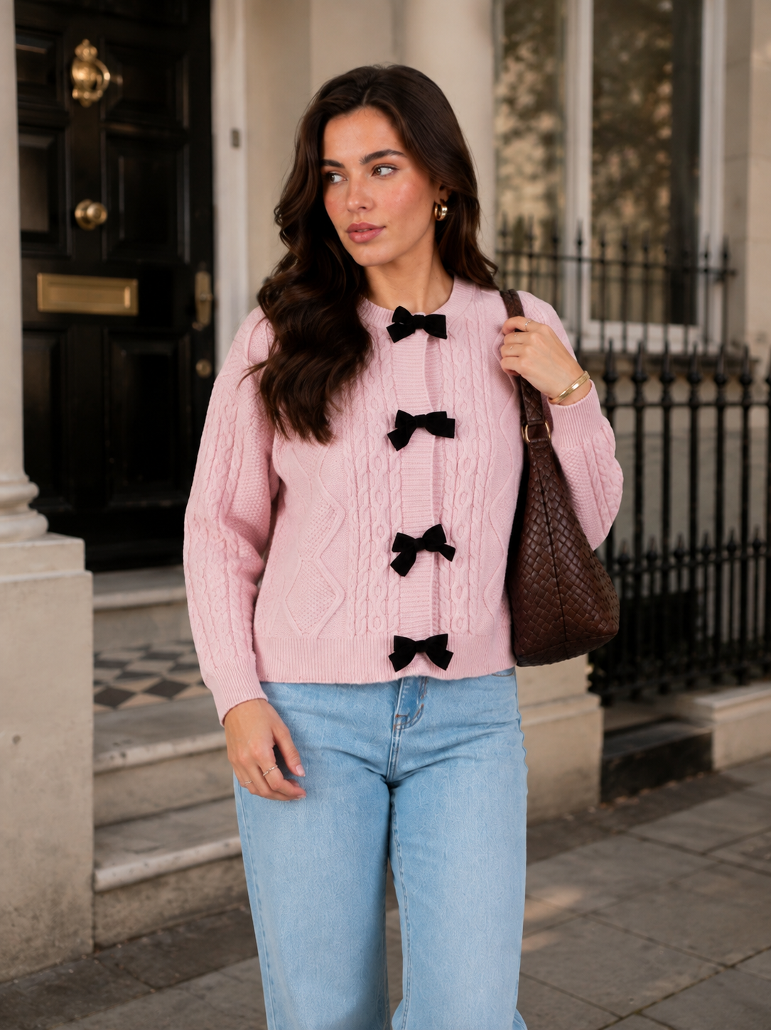 Women’s Cable Knit Bow Cardigan with Tie-Front Detail