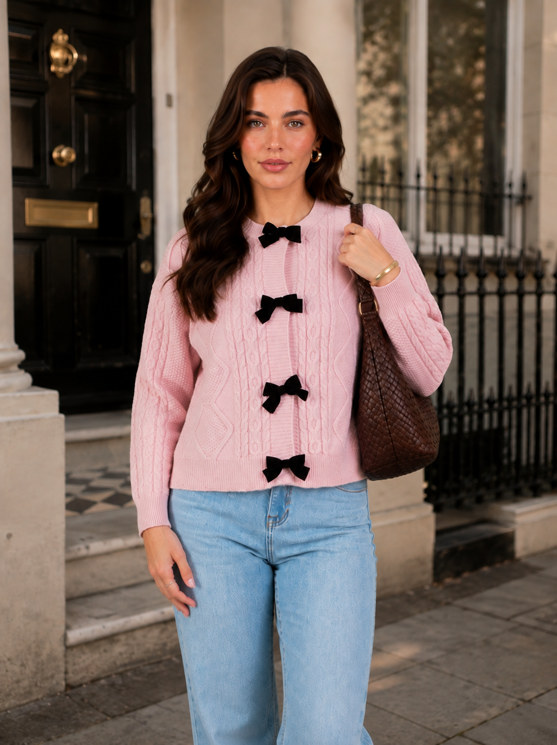 Women’s Cable Knit Bow Cardigan with Tie-Front Detail