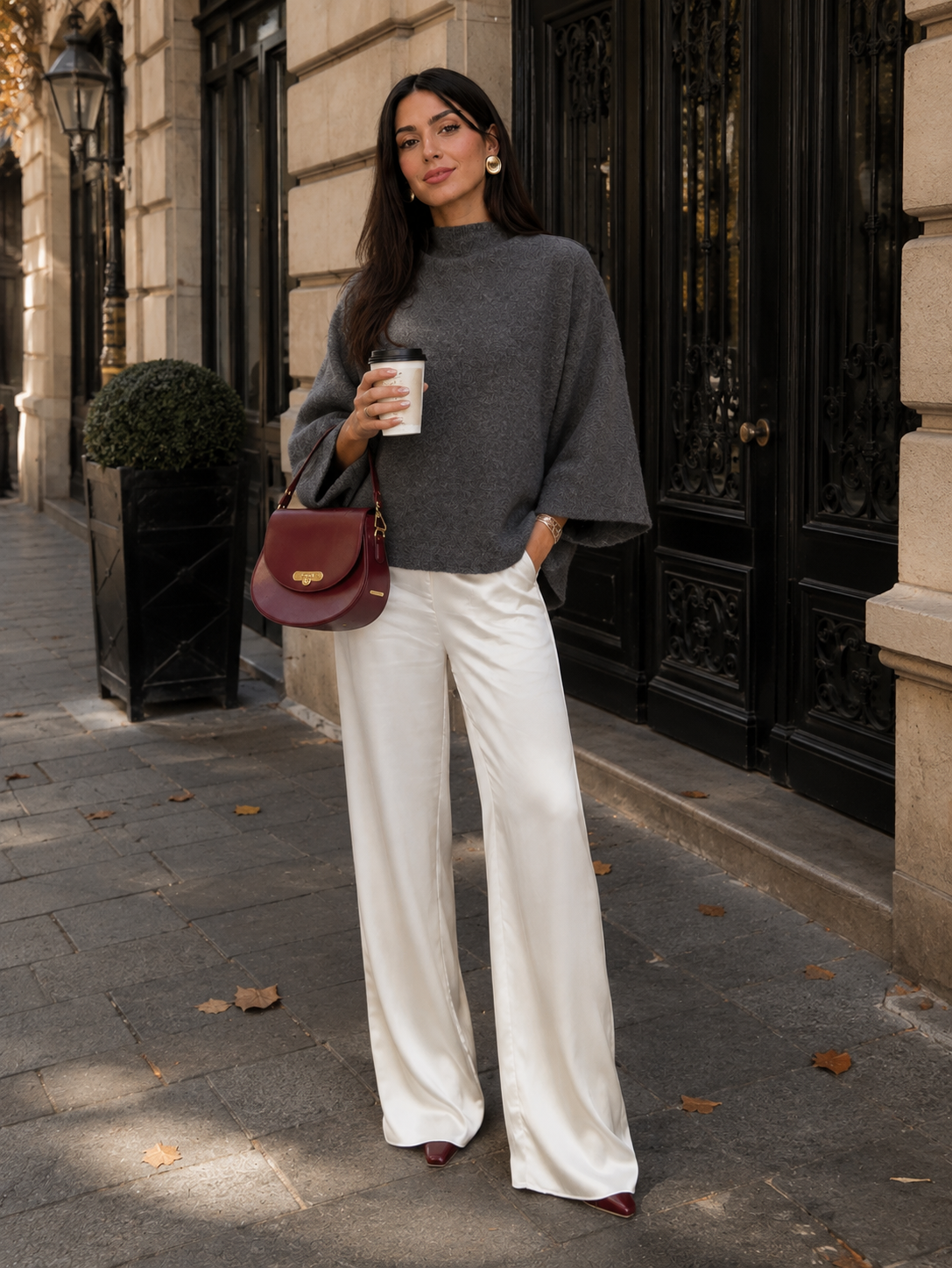 Women’s Dark Grey Semi-High Neck Knit Jumper with Bell Sleeves
