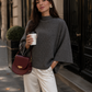 Women’s Dark Grey Semi-High Neck Knit Jumper with Bell Sleeves