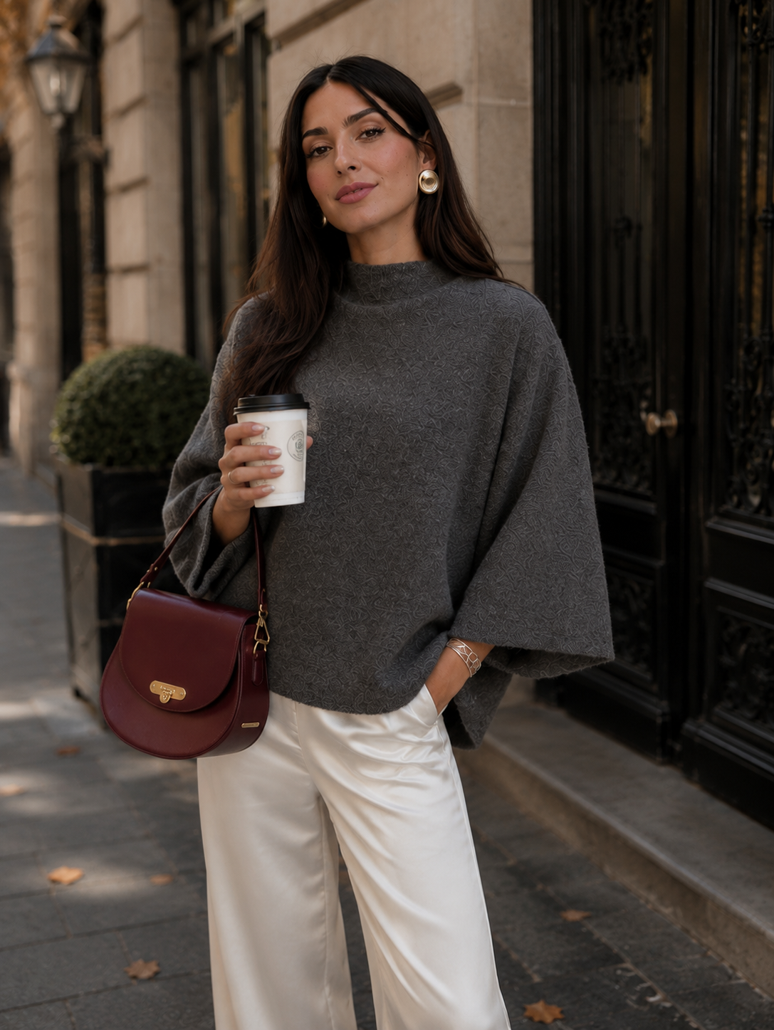 Women’s Dark Grey Semi-High Neck Knit Jumper with Bell Sleeves