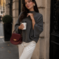 Women’s Dark Grey Semi-High Neck Knit Jumper with Bell Sleeves