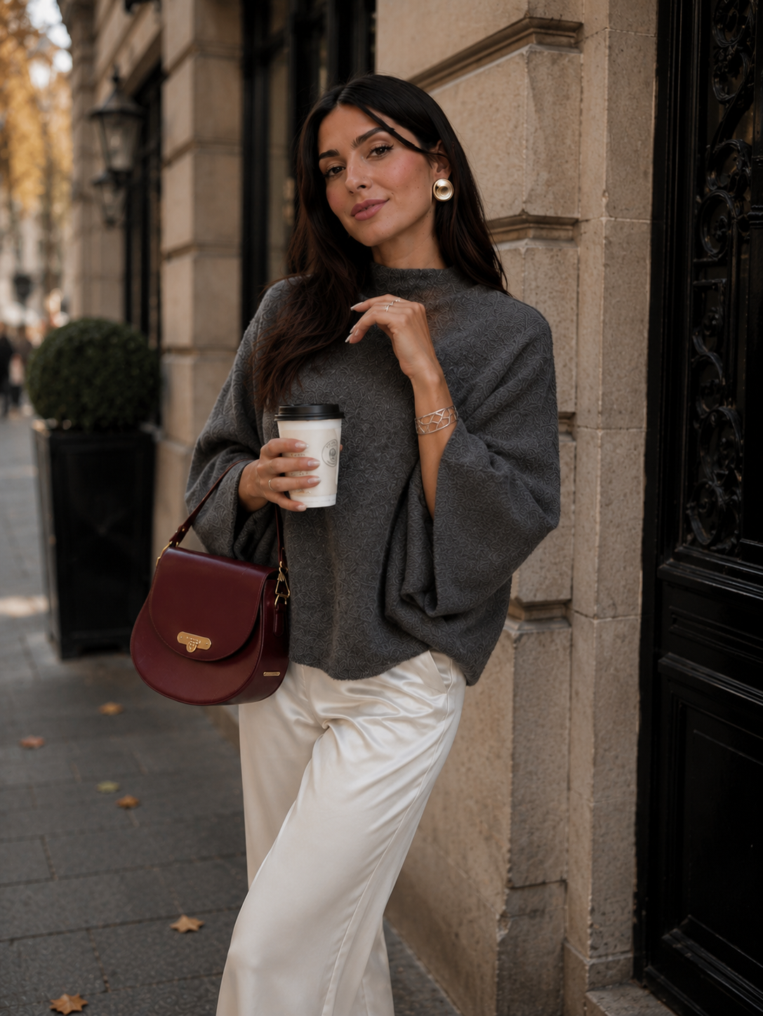 Women’s Dark Grey Semi-High Neck Knit Jumper with Bell Sleeves
