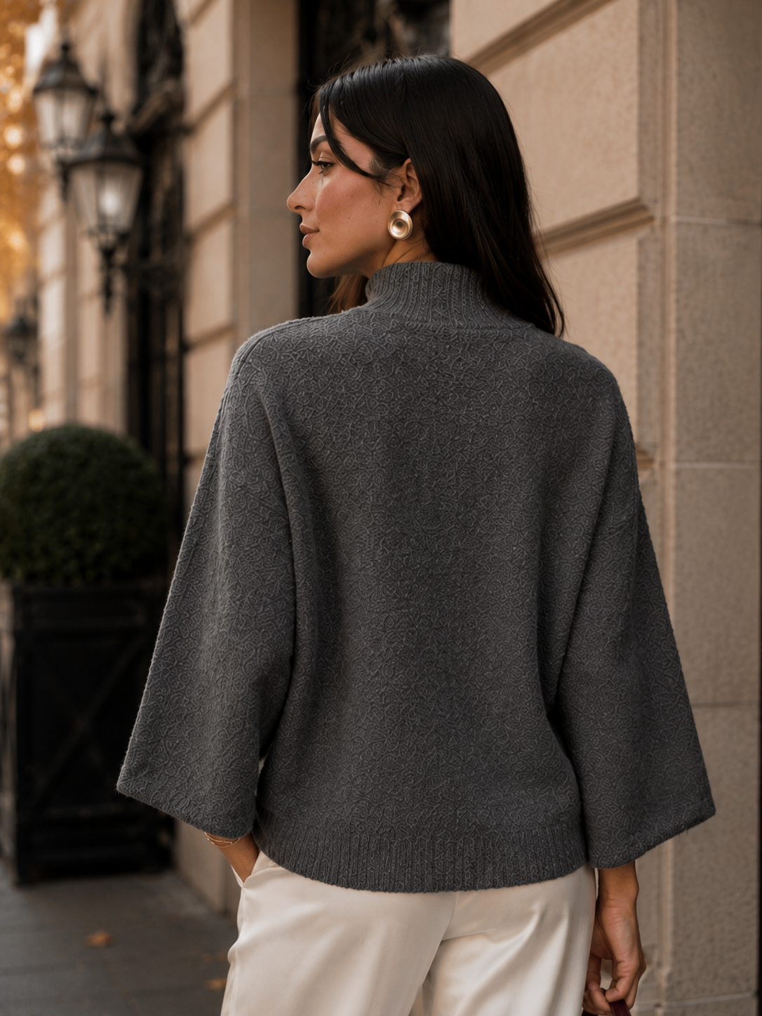 Women’s Dark Grey Semi-High Neck Knit Jumper with Bell Sleeves