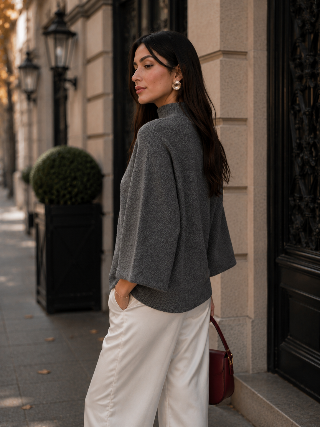Women’s Dark Grey Semi-High Neck Knit Jumper with Bell Sleeves