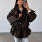 Women’s Retro Drawstring Jacket with Lapel Collar & Utility Pockets for Autumn Wear
