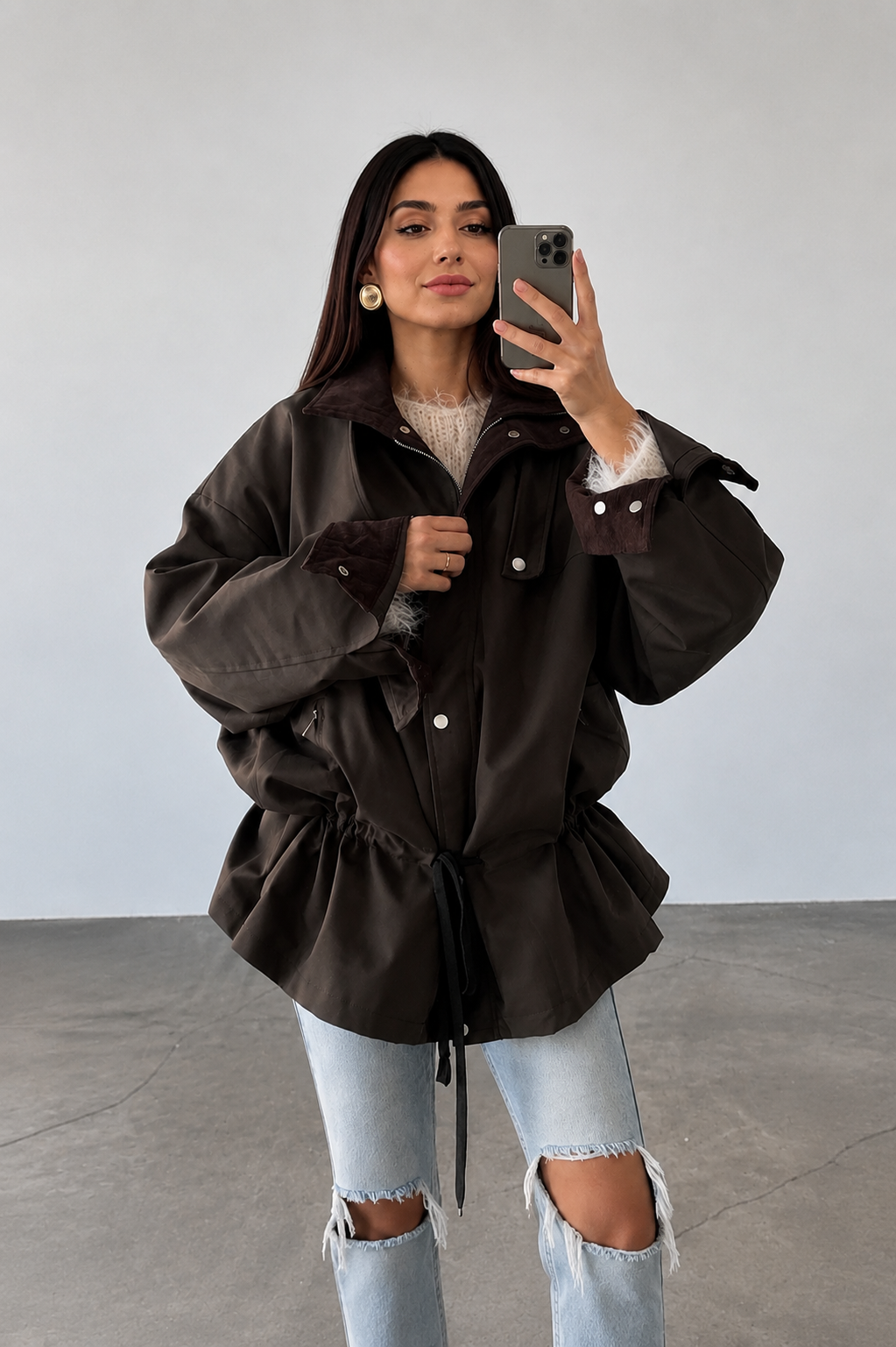 Women’s Retro Drawstring Jacket with Lapel Collar & Utility Pockets for Autumn Wear