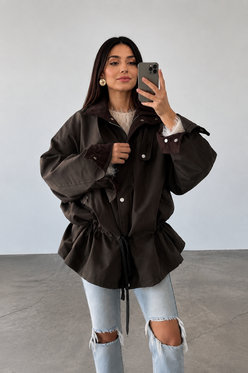 Women’s Retro Drawstring Jacket with Lapel Collar & Utility Pockets for Autumn Wear