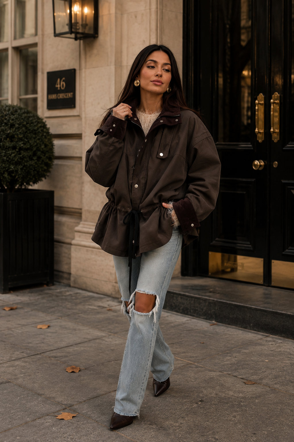 Women’s Retro Drawstring Jacket with Lapel Collar & Utility Pockets for Autumn Wear