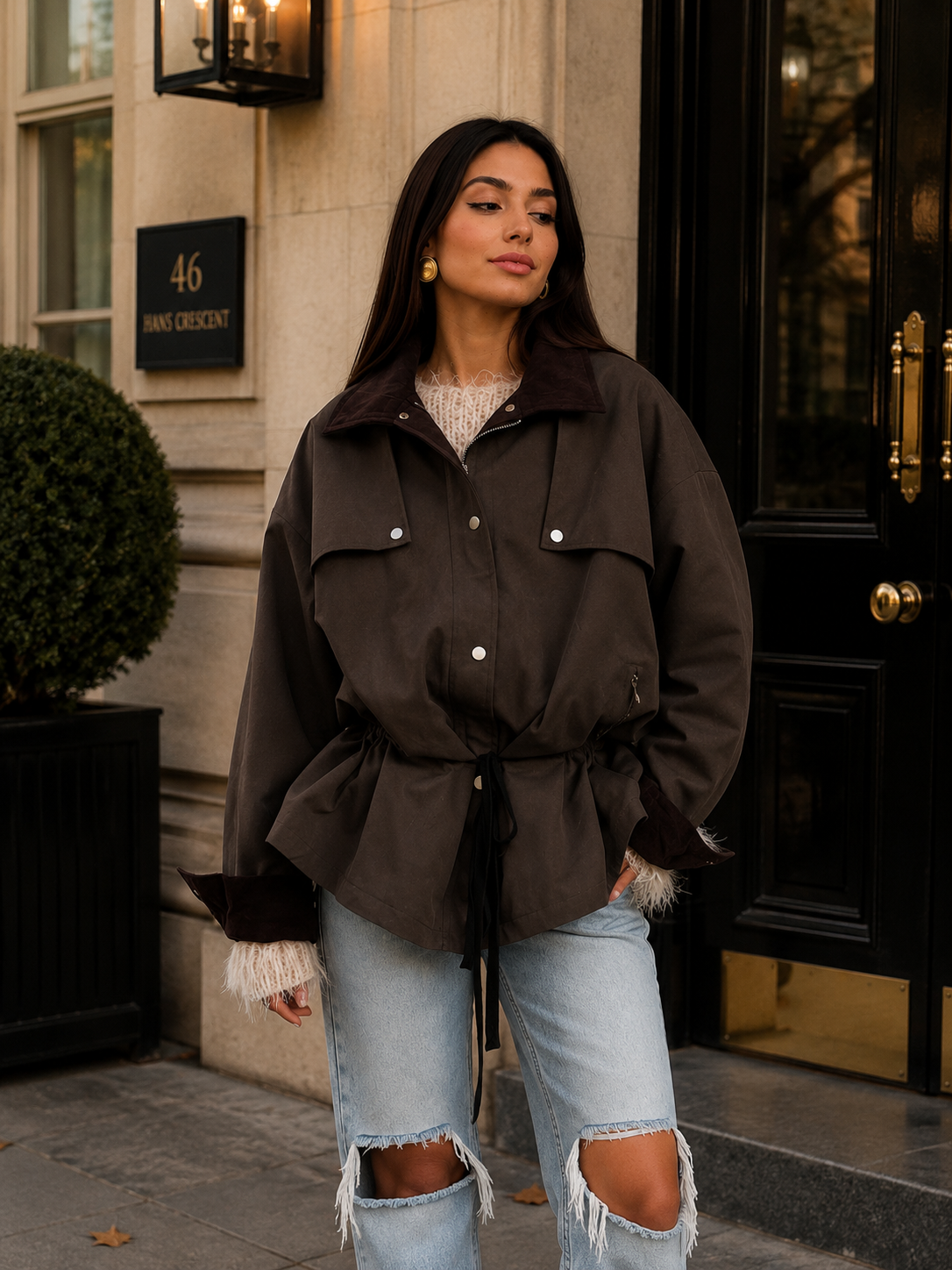 Women’s Retro Drawstring Jacket with Lapel Collar & Utility Pockets for Autumn Wear