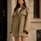 Women’s Retro Drawstring Jacket with Lapel Collar & Utility Pockets for Autumn Wear