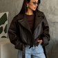 Women’s Brown Faux Leather Biker Jacket with Belt & Zip Detail